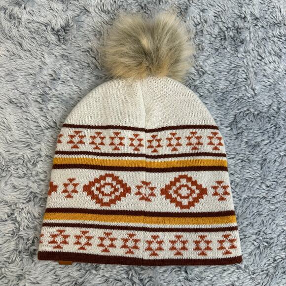 Frye and Co Pom Beanie Nordic Fair Isle Brown Orange Cream Winter Hat - Picture 2 of 7